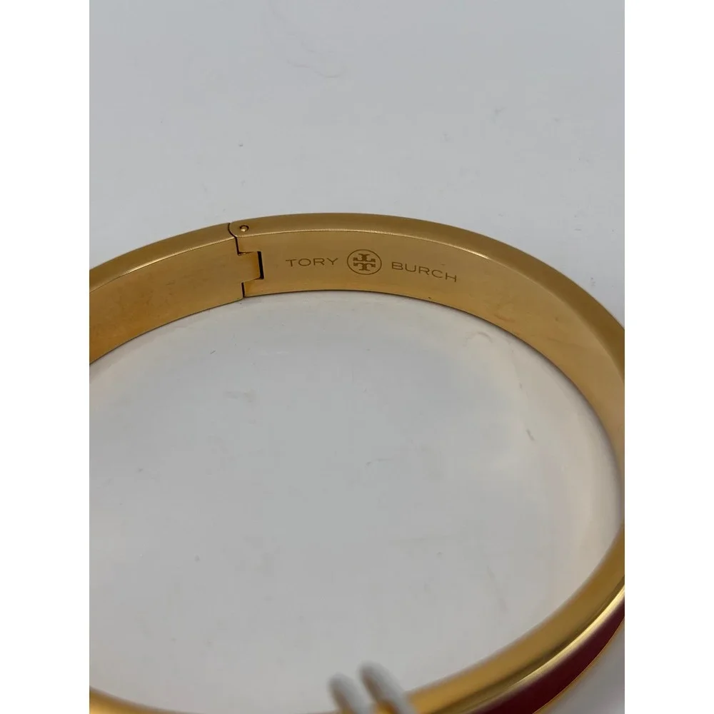 Tory Burch Slim Red Leather Inlay Cuff Bangle Bracelet Gold Tone 145435 New